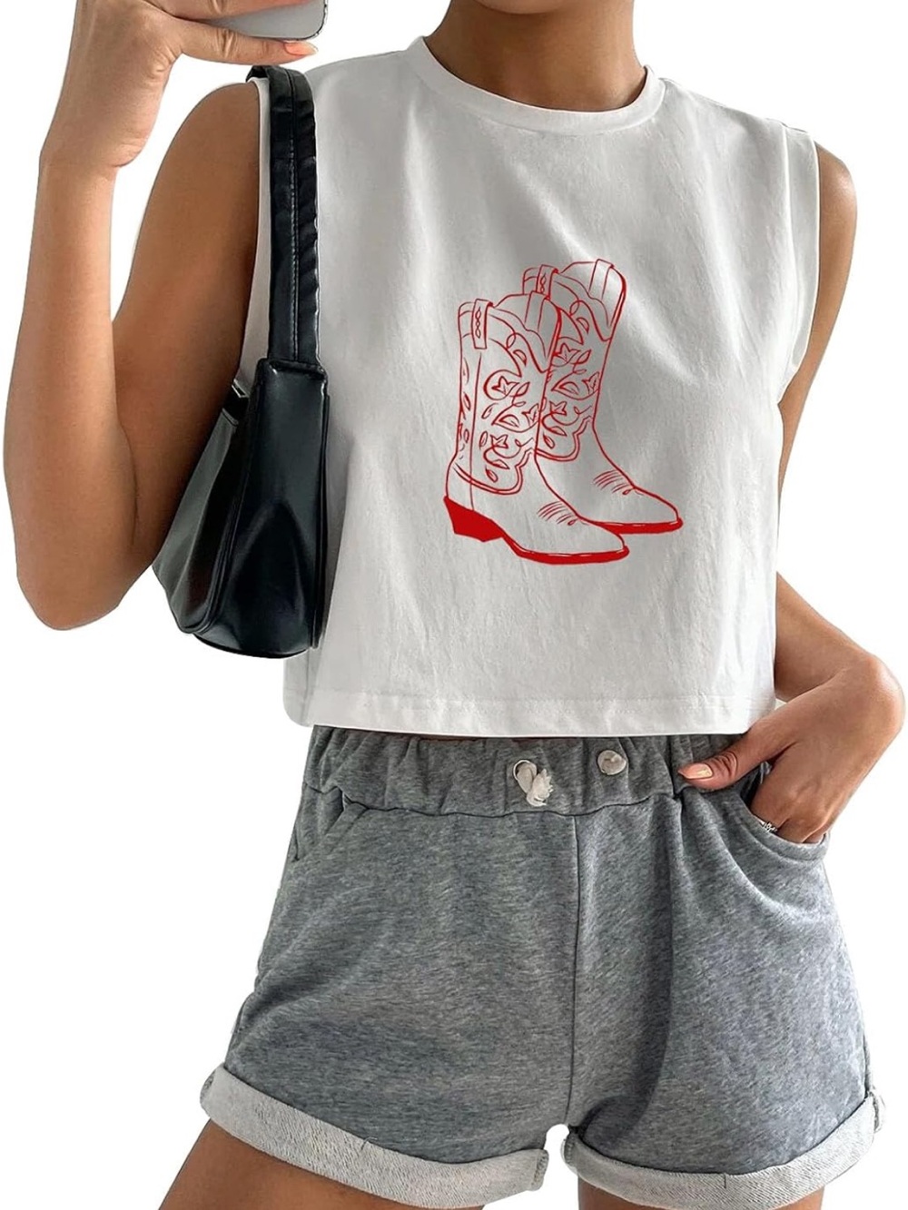 White Cropped Tank Top with Red Cowboy Boot Graphic - Women